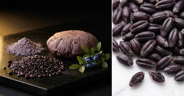 Black wheat Blackwheat: grains, flour, bread and spikelet