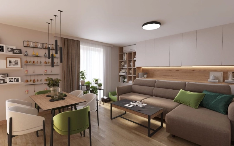 Дизайн однокомнатной квартиры для любителей сельской жизни: декор с элементами природы и сельского хозяйства.