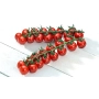Fresh cherry tomatoes on vines, arranged on a white wooden surface - BELIDO